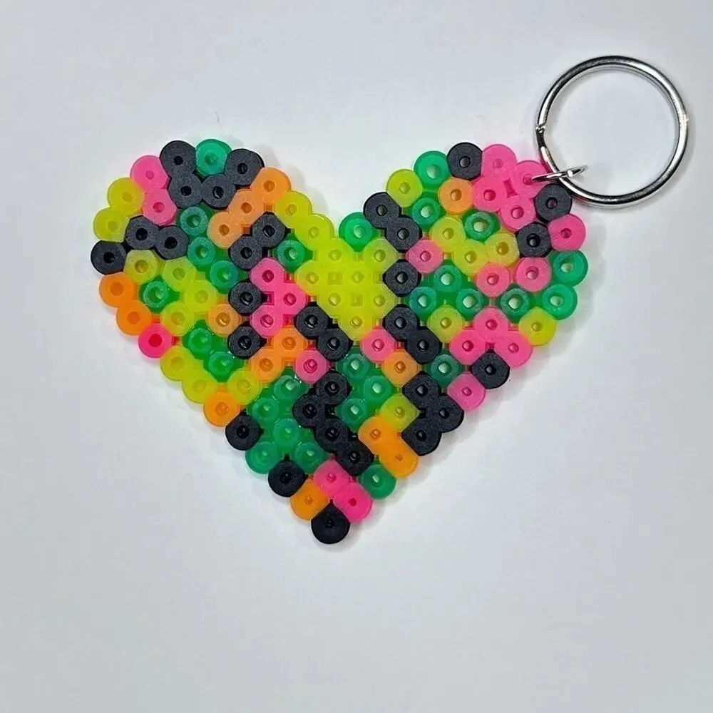 Neon and black heart keychain handmade perler bead